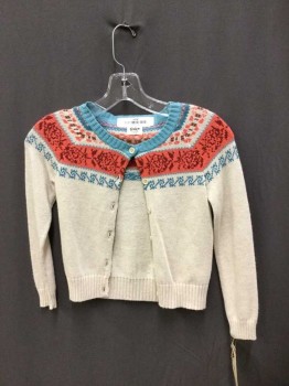 Childrens, Cardigan Sweater, BODEN, Cream, Aqua Blue, Coral Orange, Cotton, Floral, 5-6yrs, Crew Neck, Button Front, Long Sleeves,