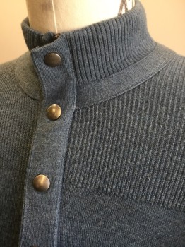BANANA REPUBLIC, Slate Blue, Wool, Acrylic, Solid, Knit, Stand Collar, Half Zip with 4 Snap Closures, Long Sleeves, Rib Knit at Shoulders/Neck, Cuffs and Waistband