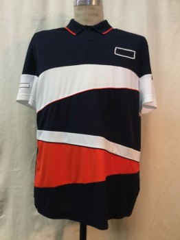 LACOSTE SPORT, Navy Blue, Red, White, Polyester, Elastane, Color Blocking, Navy/ Red/ White Color Blocking, Short Sleeves,
