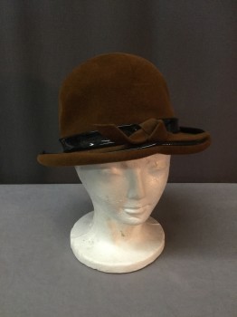 Womens, Hat, GEORQETTE, Brown, Black, Wool, Leather, Solid, Brown Wool, Black Patent Leather Trim & Hat Band