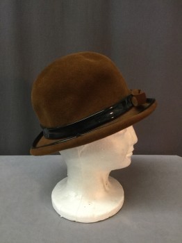 Womens, Hat, GEORQETTE, Brown, Black, Wool, Leather, Solid, Brown Wool, Black Patent Leather Trim & Hat Band