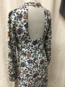 ZARA, Cream, Teal Blue, Red Burgundy, Navy Blue, Turquoise Blue, Polyester, Floral, Collar Band, Open Back, Back Zip, Mini Dress
