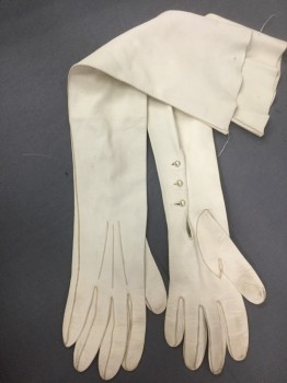 Womens, Gloves 1890s-1910s, N/L, Bone White, Leather, Solid, Opera Length Bone White Leather, 3 Pearl Buttons at Wrist, **Has Some Small Stains Throughout,