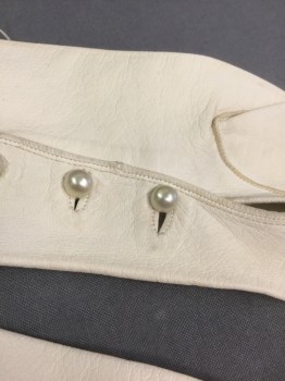 Womens, Gloves 1890s-1910s, N/L, Bone White, Leather, Solid, Opera Length Bone White Leather, 3 Pearl Buttons at Wrist, **Has Some Small Stains Throughout,