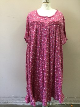 Womens, Nightgown, DREAMS, Fuchsia Pink, Lt Pink, White, Blue, Cotton, Floral, 5XL, Fuchsia with Floral Pattern, Scoop Neck with Eyelash Trim, 5 Button Front, Horizontal Pin Tucks Across Chest and Gathered Below Them. Short Sleeves with Eyelash Trim, Ruffle Panel Hem