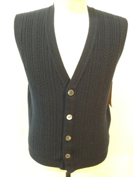 CARROLL & CO., Navy Blue, Cashmere, Solid, Cable Knit, Button Front, V-neck,