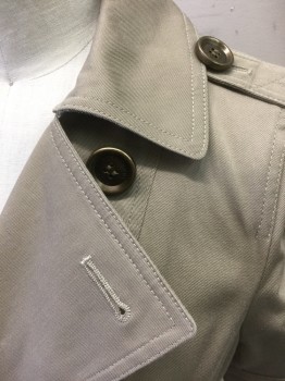 BURBERRY, Khaki Brown, Cotton, Polyester, Solid, Twill, Double Breasted with Gold Buttons, Puffy Short Sleeves, Collar Attached, Styled Like a Trench Coat, 2 Pockets, Epaulettes at Shoulders, Hem Above Knee,  Belt Loops, **2 Piece with Matching Fabric Sash BELT