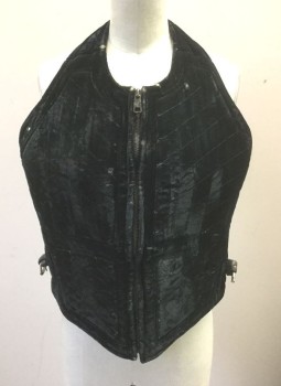 N/L MTO, Dk Green, Cotton, Solid, Very Dark Green (Nearly Black) Velvet, Halter Neck, Zip Front, Quilted, Heavily Padded Detail (Almost Like Body Armor), Self Lacings in Back **Small Holes in Velvet Throughout