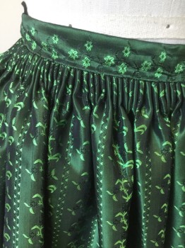 MTO, Emerald Green, Black, Neon Green, Silk, Floral Stripe Ombre, Hook & Eye Back Closure, Pleated at Waistband, Ruffle and Lace Gathered Peplum, Velvet Trim, 1880-1895,