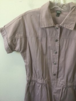 Womens, Romper, WILD FABLE, Dusty Lavender, Cotton, Solid, S, Short Cuffed Sleeves, 4 Snap Closures in Front, Collar Attached, Drawstring Waist, 2.5" Inseam with Cuffed Hems, 4 Pockets