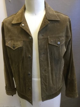 GAP, Olive Green, Suede, Solid, Denim Style Suede Jacket, Collar Attached, Button Front, Long Sleeves, Slit and Pocket Flaps