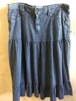 SCULLY, Blue, Cotton, Solid, Blue Denim, 1.3" Waist Band with Wide/large Belt Hoops, 5 Pockets (2 Fake Front), Zip Front, Gathered Dropped Waist, 6" Ruffle Hem