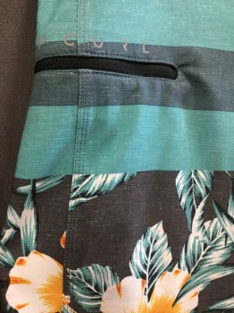 RIPCURL, Charcoal Gray, Forest Green, Teal Green, Goldenrod Yellow, Orange, Polyester, Cotton, Stripes - Horizontal , Hawaiian Print, Charcoal Gray/forrest Green/teal Green Horizontal Stripes, Charcoal Gray with Goldenrod/orange/green Hibiscus Hawaiian Floral Print Block, Black with White String Front, 1 Pocket with Black Zipper