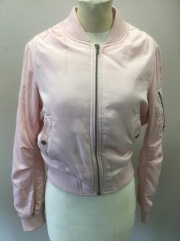 AQUA, Baby Pink, Polyester, Solid, Zip Front, 3 Pockets, One of Them on the Left Sleeve, Rib Knit Collar/Cuffs?waist, Bomber Style