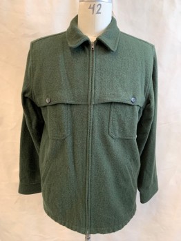 L.L. BEAN, Forest Green, Wool, Nylon, Solid, Zip Front, Collar Attached, 4 Pockets, Storm Flaps Front and Back, Long Sleeves, Button Cuff