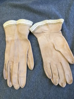 Womens, Gloves 1890s-1910s, NL, Beige, Leather, Solid, Beige Leather Gauntlet Gloves with Cream & Taupe Crochet trim at Gauntlet Cuff, Dirty Fingers See Close Up,