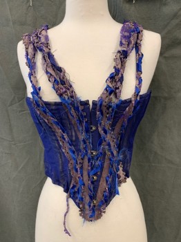 Womens, Sci-Fi/Fantasy Corset, MTO, Violet Purple, Taupe, Blue, Lavender Purple, Silk, Solid, S, Aged, Hook & Eye Front, Lace Up Back, Braided Fabrics Multi Strap Straps to Front Trim, Historical Fantasy