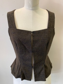 Womens, Historical Fiction Bodice, MTO, Dk Brown, Wool, Solid, Tweed, W 30, B: 36, Square Neck, Hook & Eyes Front, Pleated Peplum