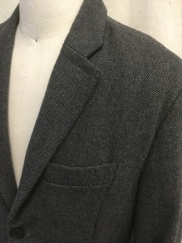 BANANA REPUBLIC, Black, Gray, Wool, Polyester, Herringbone, Single Breasted, Collar Attached, Notched Lapel, 3 Pockets, Long Sleeves