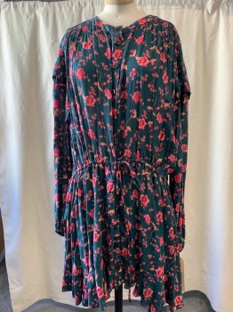 FREE PEOPLE, Emerald Green, Hot Pink, Orange, Viscose, Floral, V-neck, Button Front, Long Sleeves, Gathered at Waist with Drawstring