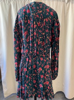 FREE PEOPLE, Emerald Green, Hot Pink, Orange, Viscose, Floral, V-neck, Button Front, Long Sleeves, Gathered at Waist with Drawstring