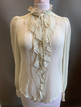 Womens, Sci-Fi/Fantasy Shirt, MARC JACOBS, Ecru, Silk, Solid, B:40, Sz. 6, Blouse, Sheer Crinkled Chiffon, Long Sleeve Button Front, Stand Collar, Ruffled Jabot Detail at Front with Lace Trim, Light Green Top Stitching,  Steam Punk/Quasi-Historical Fantasy