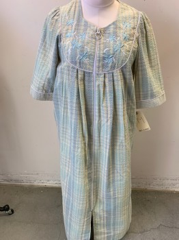 Womens, Housedress, MISS ELAINES, Ice Green, Lt Yellow, Lt Gray, Cotton, Stripes - Vertical , Floral, M, Sear Sucker Vertical Stripe, Front Zipper, Embroidered Floral Yoke, Short Sleeves,