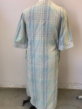 Womens, Housedress, MISS ELAINES, Ice Green, Lt Yellow, Lt Gray, Cotton, Stripes - Vertical , Floral, M, Sear Sucker Vertical Stripe, Front Zipper, Embroidered Floral Yoke, Short Sleeves,