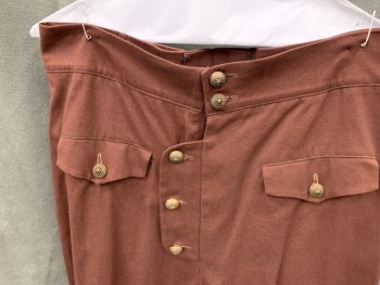 Mens, Historical Fict Suit Piece 2, MTO, Dk Brown, Cotton, Solid, W 33, Breeches, 2" Waistband, Ornate Brass Buttons, Flap Fly Closure with Ornate Buttons, 2 Flap Pockets with Buttons, Tab Buckle Cuff with Button Flap Placket, Tabs Back Waist for Lace Up (missing Lacing), 1700's Reproduction
