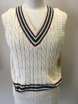 R.L. POLO, Cream, Red Burgundy, Dk Green, Cotton, Cable Knit, Stripes, V-neck, Pullover, Cream with Burg & Green Striped Trim