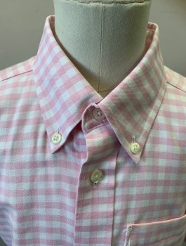 BROOKS BROTHERS, Lt Pink, White, Cotton, Gingham, Boys Shirt, Oxford Cloth, Short Sleeve Button Front, Collar Attached, Button Down Collar, 1 Patch Pocket