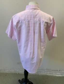 BROOKS BROTHERS, Lt Pink, White, Cotton, Gingham, Boys Shirt, Oxford Cloth, Short Sleeve Button Front, Collar Attached, Button Down Collar, 1 Patch Pocket