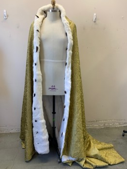 Unisex, Historical Fiction Cape, Mto, Gold, Cream, Fur, Synthetic, C42/4, King's Cape, Royal Ermine Cape Mid 1800's. Gold Brocade on Outside, White Rabbit Fur Trim Full Lining and Black Fur Tuffs as Edge Trim. Approx. Fits Chest 42-44, Length Rom Nape of Neck is 87".train