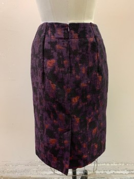 Womens, Skirt, Below Knee, LORD & TAYLOR, Black, Plum Purple, Red, Polyester, Cotton, Abstract , W: 28, Metallic Red, Pencil Skirt, Wide Waistband, Zip Back, Slit at Back