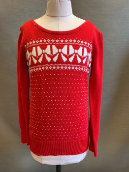 CHEROKEE, Red, White, Cotton, Holiday, Abstract , Christmas Sweater, Knit, Pullover, Crew Neck, Long Sleeves, White Bow Pattern Horizontally Across Front