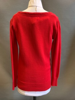 Childrens, Sweater, CHEROKEE, Red, White, Cotton, Holiday, Abstract , 10-12, L, Christmas Sweater, Knit, Pullover, Crew Neck, Long Sleeves, White Bow Pattern Horizontally Across Front