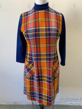 Womens, Dress, N/L, Royal Blue, Red, Yellow, Polyester, Acrylic, Plaid, Solid, W:36, B:40, H:44, Middle of Dress is Plaid, Long Sleeves and Turtleneck are Royal Blue Solid Rib Knit, Shift Dress, 2 Patch Pockets at Hips, Knee Length, Center Back Zipper,