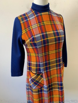 Womens, Dress, N/L, Royal Blue, Red, Yellow, Polyester, Acrylic, Plaid, Solid, W:36, B:40, H:44, Middle of Dress is Plaid, Long Sleeves and Turtleneck are Royal Blue Solid Rib Knit, Shift Dress, 2 Patch Pockets at Hips, Knee Length, Center Back Zipper,