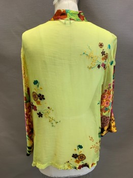 CITRON, Lemon Yellow, Black, Multi-color, Silk, Floral, Button Front, L/S, Band Collar, Charmeuse & Chiffon