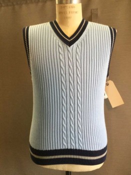 Mens, Sweater Vest, BROOKS BROTHERS, Lt Blue, Navy Blue, Heather Gray, Cotton, Stripes, S, V-neck, Center Front Cable Knit Detail