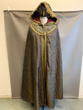 Unisex, Sci-Fi/Fantasy Cape/Cloak, N/L MTO, Brown, Gold, Red Burgundy, Silk, Solid, Swirl , Swirled Quilting Stitches on Brown Silk, Shoulder Yoke is Textured Brown Brocade, Gold Gimp Trim, Open Front with 2 Large Hook & Eye Closures, Hooded, Burgundy Solid Lining, Floor Length, Made To Order