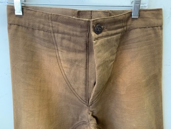 Mens, Historical Fiction Pants, N/L, Tan Brown, Cotton, Mottled, 32/31, Button Fly, Top Stitch Along Crotch & Butt, Raw Edge Hem with Adjustable Button Tab, Aged/Distressed,