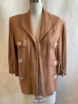 Womens, Jacket, NL, Lt Brown, Cotton, Text, B: 36, Shawl Lapel, Double Breasted, Faux Tab & Buttons on Front, Tab & Buttons on Cuffs, Open Front