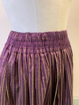 Womens, Sci-Fi/Fantasy Skirt, N/L MTO, Aubergine Purple, Gold, Silk, Stripes - Vertical , W:26, Taffeta with Grid Texture, Cartridge Pleated Waist, Ankle Length, Colorful Trim Along Hem with Natural Jute Fringe, Hook & Eyes at Side, Made To Order