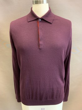 PAUL SMITH, Aubergine Purple, Wool, Solid, Polo, Long Sleeves, Red Detail at the 4 Buttons