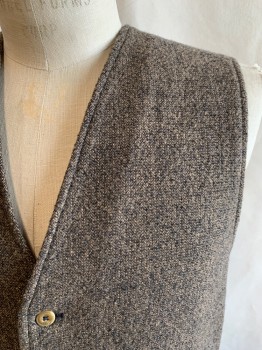 Mens, Vest 1890s-1910s, MTO, Brown, Black, Wool, Tweed, Herringbone, 40, 5 Button Front, 2 Pockets, Solid Black Cotton Back with Self Attached Back Belt