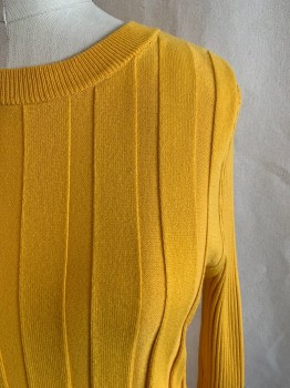 NINE WEST, Yellow, Rayon, Nylon, Solid, Crew Neck, Long Sleeves, Ribbed
