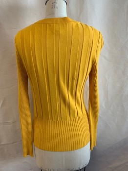 NINE WEST, Yellow, Rayon, Nylon, Solid, Crew Neck, Long Sleeves, Ribbed