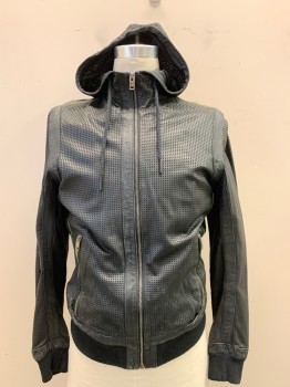 Mens, Leather Jacket, DIESEL, Black, Leather, M, High Neck, Hooded with Drawstrings, Mesh-like Square Cut Outs All Over, Zip Front, 2 Zip Pockets, Green Trim on Shoulders, Sides & Pocket, Rib Knit Cuff & Waist, Jersey Mesh Lining