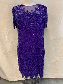 LAWRENCE KARAN, Purple, Iridescent Blue, Silk, Beaded, Abstract , Short Sleeves, Round Neck,  Back Zipper, Shoulder Pads, Novelty Cut and Beaded Edges on Sleeves and Hem